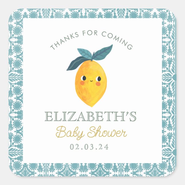 Little Cutie Lemon Citrus Baby Shower Square Sticker (Front)