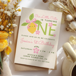 Little Cutie Lemon& Daisy Pink 1st Birthday Party Invitation