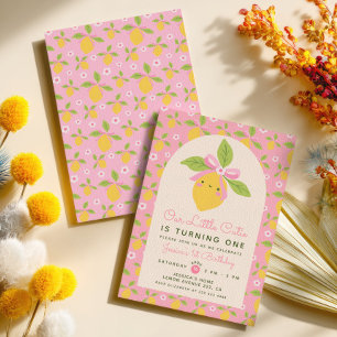 Little Cutie Lemon Pink Baby Girl 1st Birthday Invitation