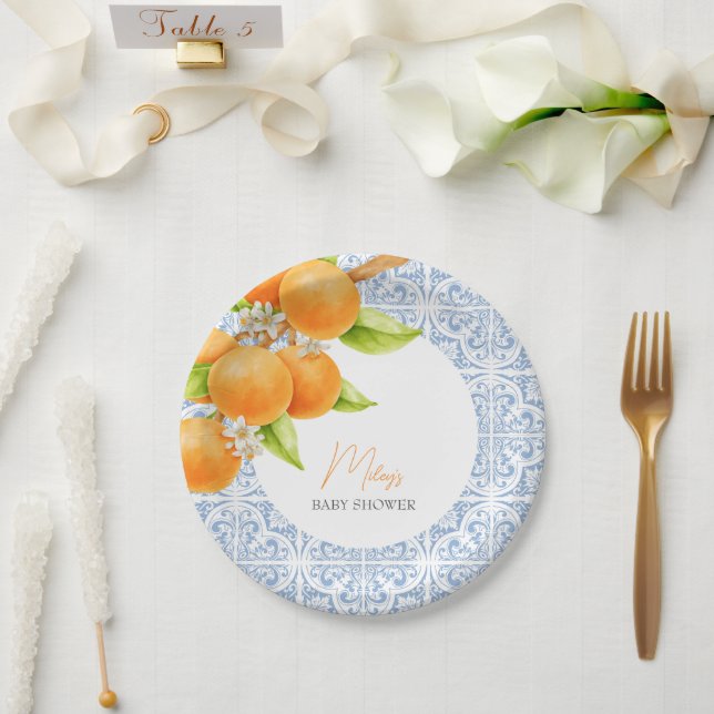Little Cutie Mediterranean Tiles Baby Shower Paper Plate (Wedding)