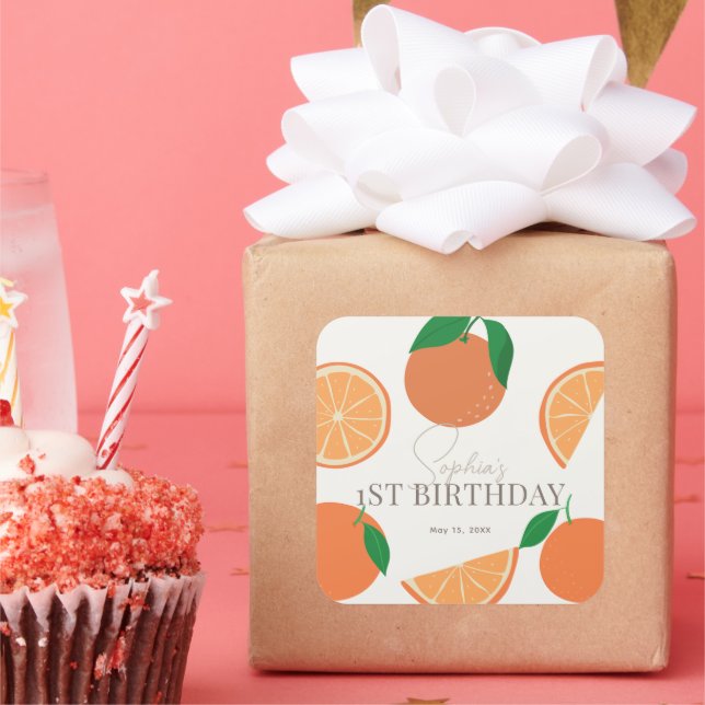 Little Cutie Modern Orange Birthday Square Sticker (Party)