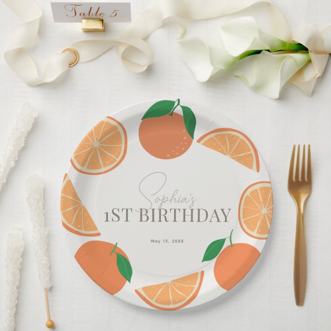 Little Cutie Modern Orange & Orange Slice Birthday Paper Plate (Wedding)
