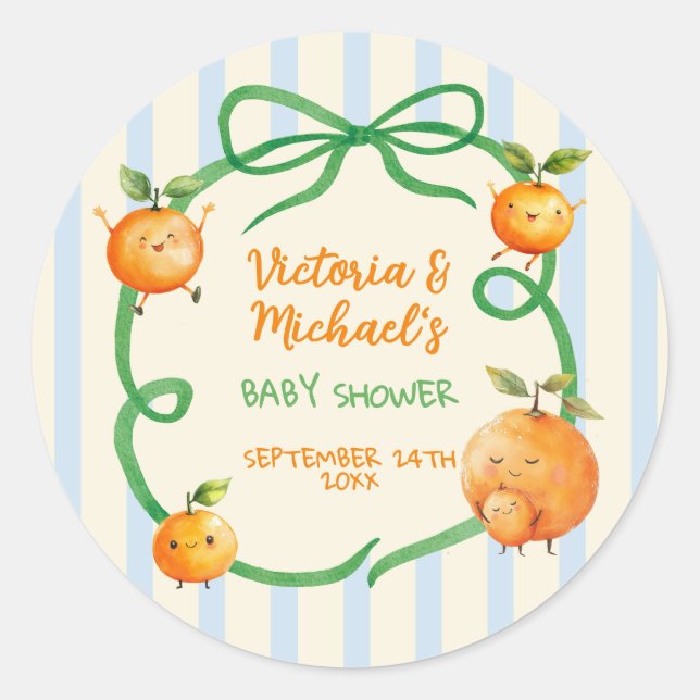 Little Cutie Orange Baby Shower Classic Round Sticker (Front)
