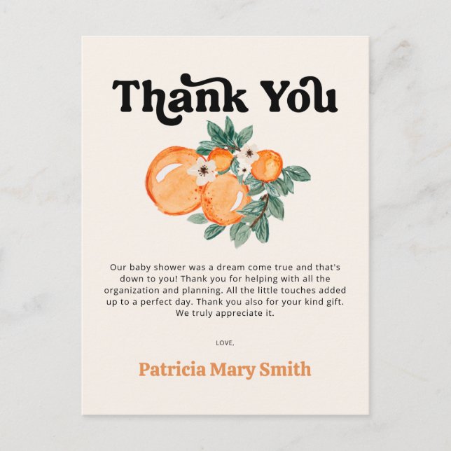 Little Cutie Orange Baby Shower Thank You Postcard (Front)