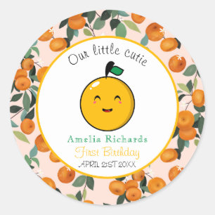 Little Cutie Orange Citrus 1st Birthday Classic Round Sticker