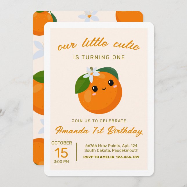 Little Cutie Orange Citrus 1st Birthday Invitation (Front/Back)