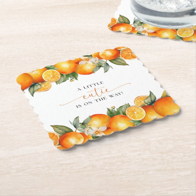 Little Cutie Orange Citrus Baby Shower Paper Coaster (Angled)