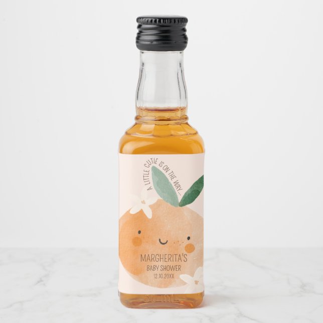 Little Cutie Orange Citrus Botanical Baby Shower Liquor Bottle Label (Front)