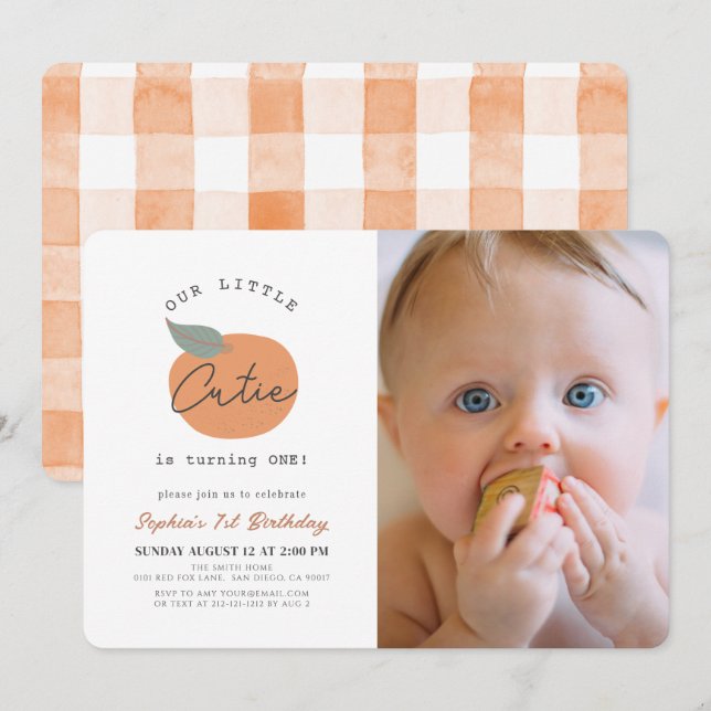 Little Cutie Orange Clean 1st Birthday Photo Invitation (Front/Back)