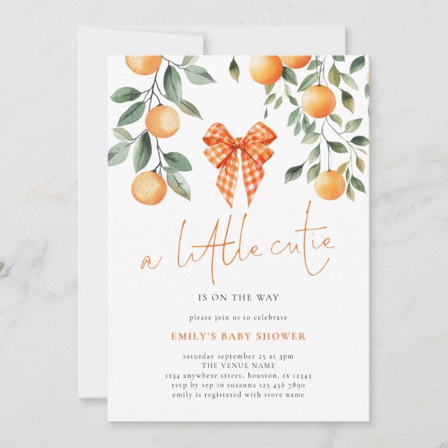 Little Cutie Orange Coquette Bow Girl Baby Shower  Invitation (Front)