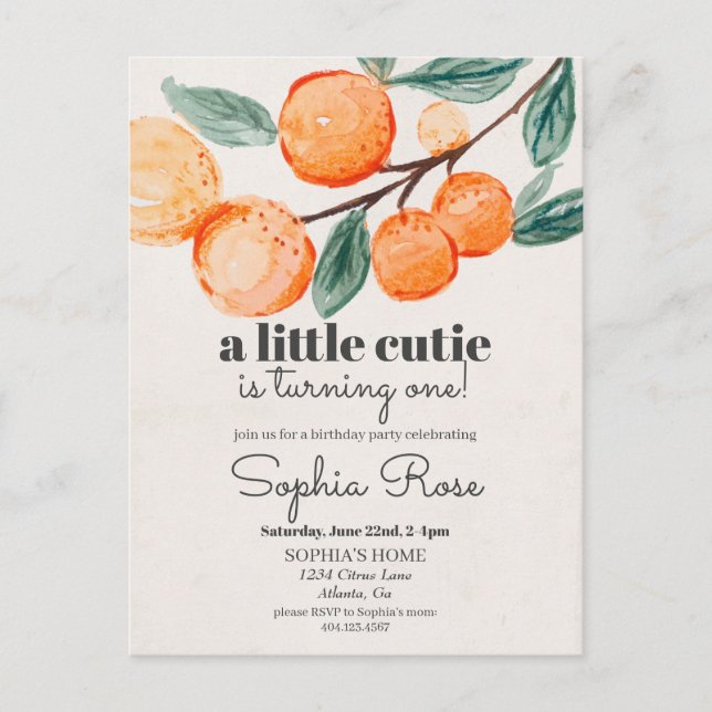 Little cutie orange first birthday invite postcard (Front)
