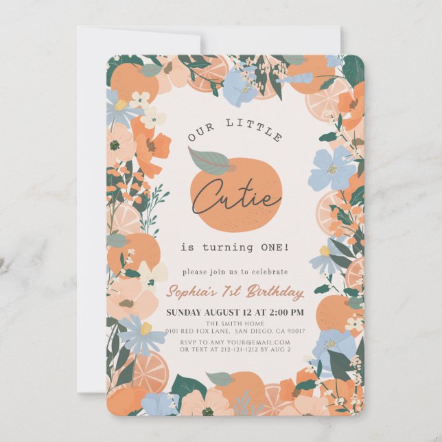 Little Cutie Orange Floral 1st Birthday Invitation (Front)