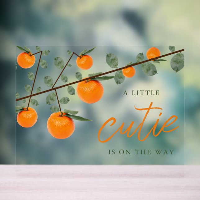 Little Cutie Orange Gender Neutral Baby Shower Acrylic Sign (Neutral)