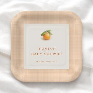 Little Cutie Orange Gingham Baby Shower Party Paper Plate