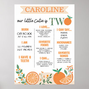 Little Cutie Orange Girls 2nd Birthday Milestone Poster