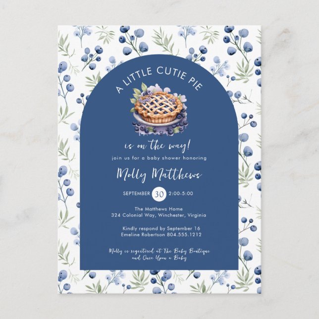 Little Cutie Pie Blue Floral Baby Shower   Postcard (Front)