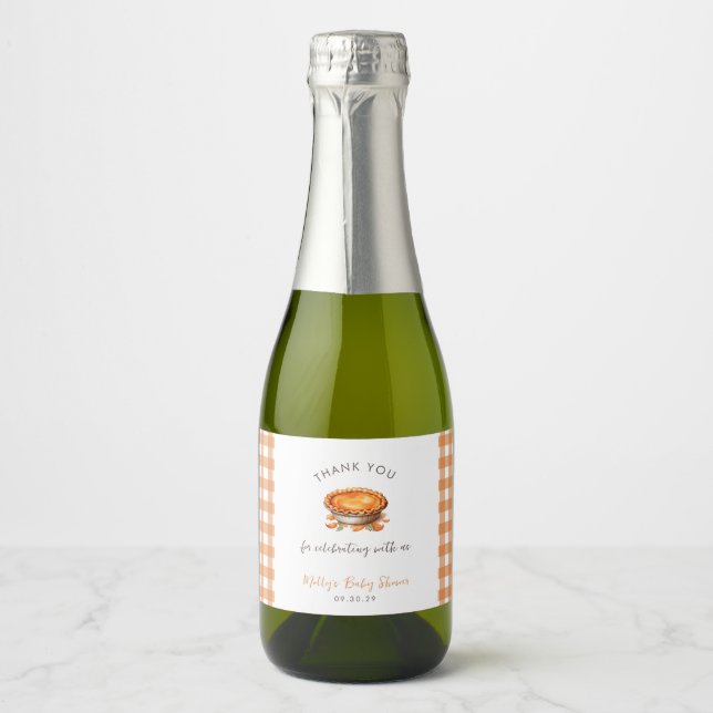 Little Cutie Pie Fall Pumpkin Gingham Baby Shower  Sparkling Wine Label (Front)