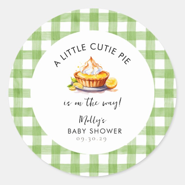 Little Cutie Pie Gingham Baby Shower  Classic Round Sticker (Front)