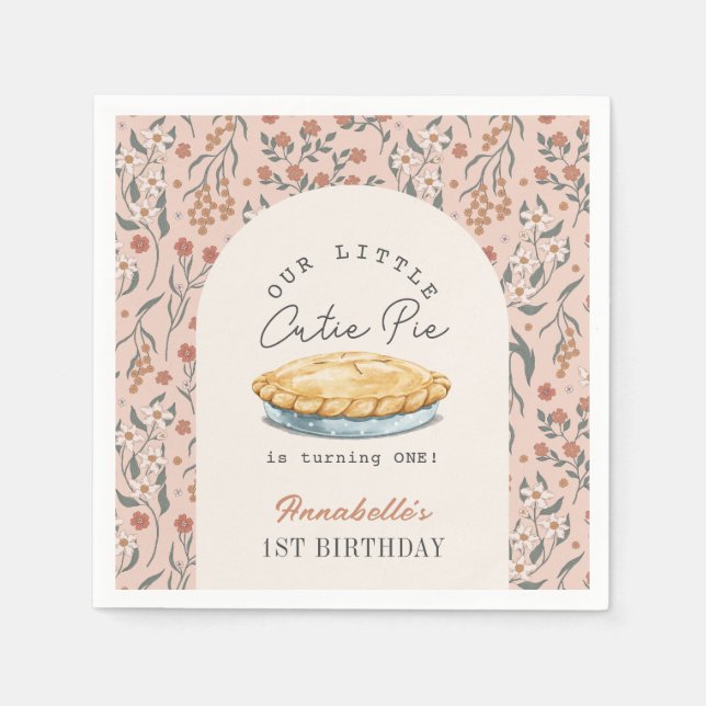 Little Cutie Pie Pink Floral 1st Birthday Napkin (Front)