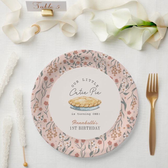 Little Cutie Pie Pink Floral 1st Birthday Paper Plate (Wedding)