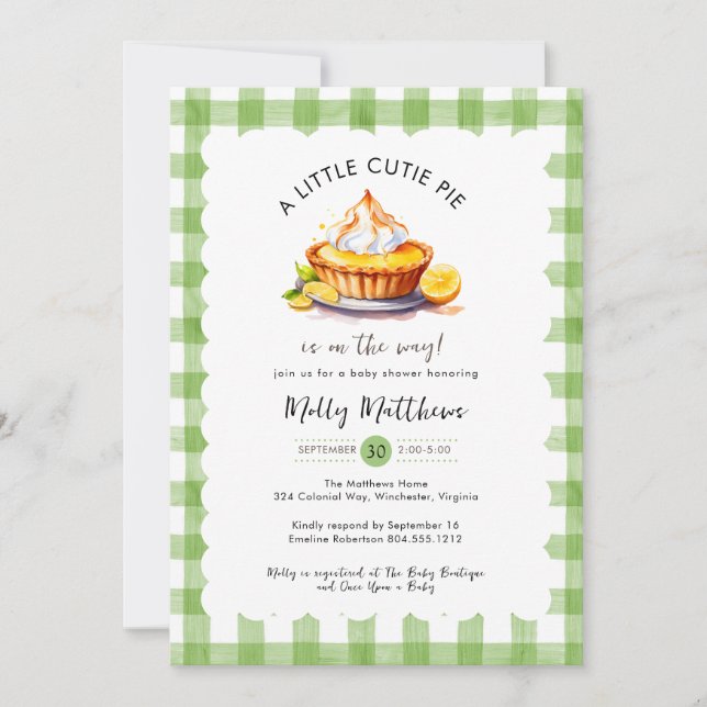 Little Cutie Pie Watercolor Gingham Baby Shower  Invitation (Front)