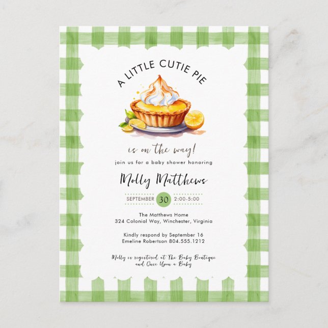 Little Cutie Pie Watercolor Gingham Baby Shower  Postcard (Front)