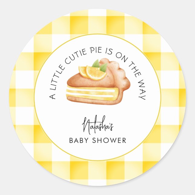 Little Cutie Pie Yellow Gingham Plaid Baby Shower Classic Round Sticker (Front)