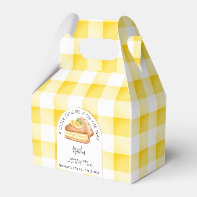 Little Cutie Pie Yellow Gingham Plaid Baby Shower Favor Box (Front Side)