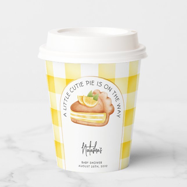 Little Cutie Pie Yellow Gingham Plaid Baby Shower Paper Cups (Front)