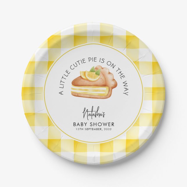 Little Cutie Pie Yellow Gingham Plaid Baby Shower Paper Plate (Front)