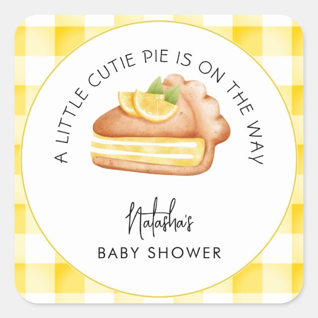 Little Cutie Pie Yellow Gingham Plaid Baby Shower Square Sticker (Front)