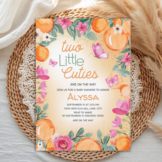 Little Cuties Orange Pink Floral Butterflies Twin Invitation (Two Little Cuties orange with pink floral twin baby shower invitation)