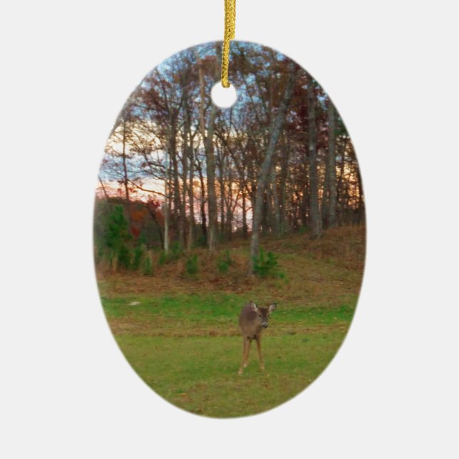 Little Deer &a Pink Sunset Ceramic Ornament (Front)