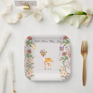 Little deer, Big Joy Pink flower Baby Shower theme Paper Plate