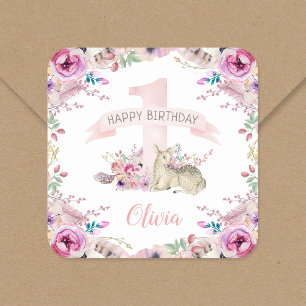 Little Deer First Birthday Party Personalized Square Sticker