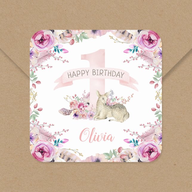 Little Deer First Birthday Party Personalized Square Sticker (Creator Uploaded)
