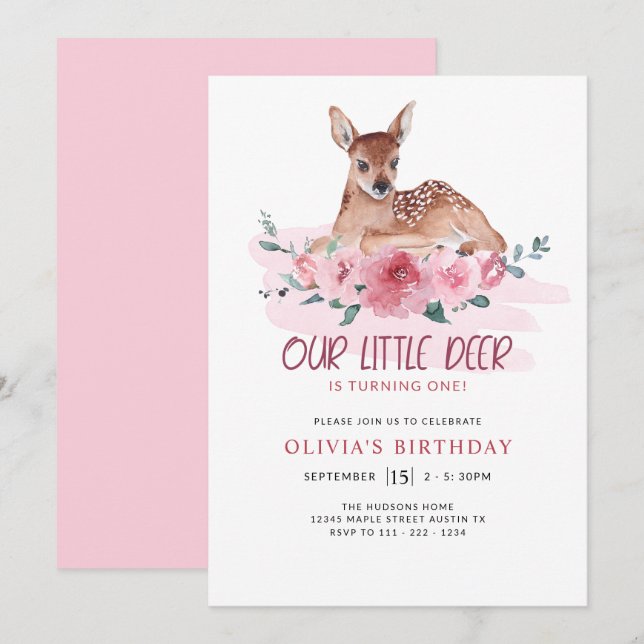 Little Deer Floral Pink First Birthday Party Invitation (Front/Back)