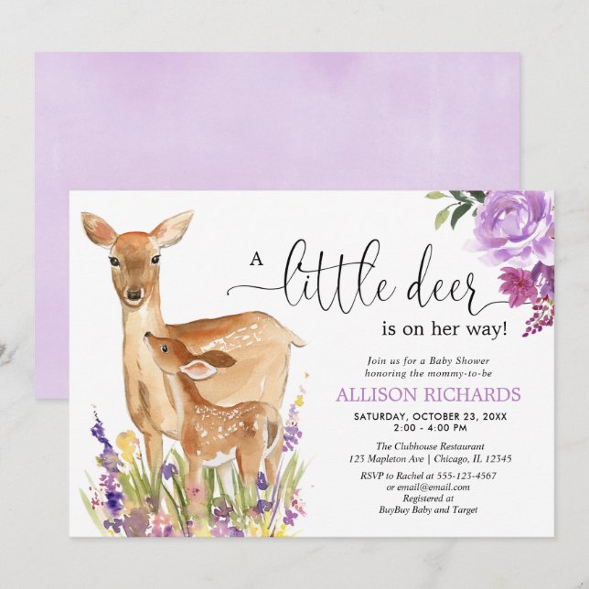 Little deer is on her way, cute fawn girl shower invitation (Front/Back)