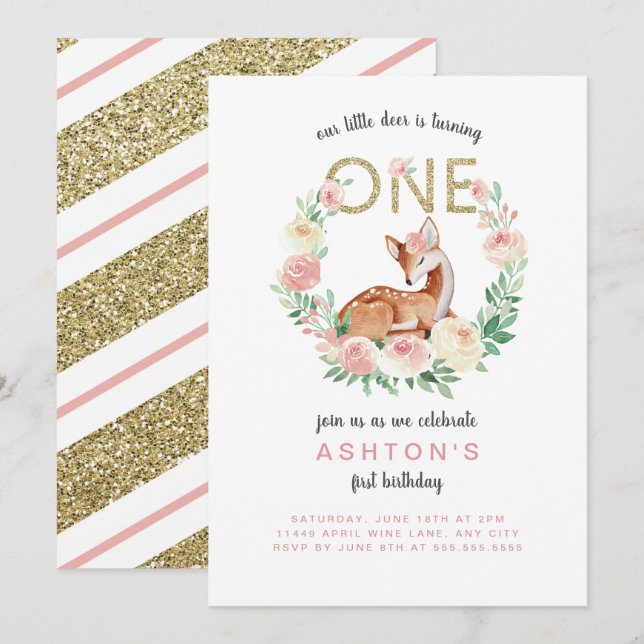 Little Deer is turning ONE birthday party Invitation (Front/Back)