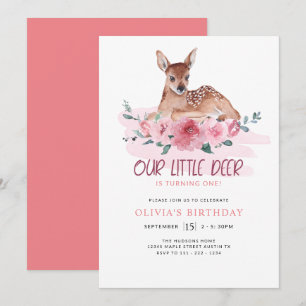Little Deer Turning 1 First Birthday Party Floral Invitation