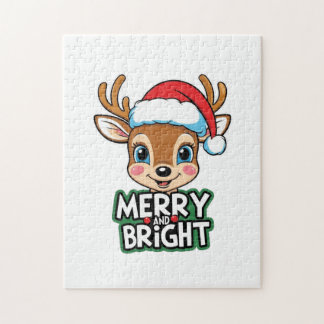 Little Deer with Santa "Merry & Bright" design Jigsaw Puzzle