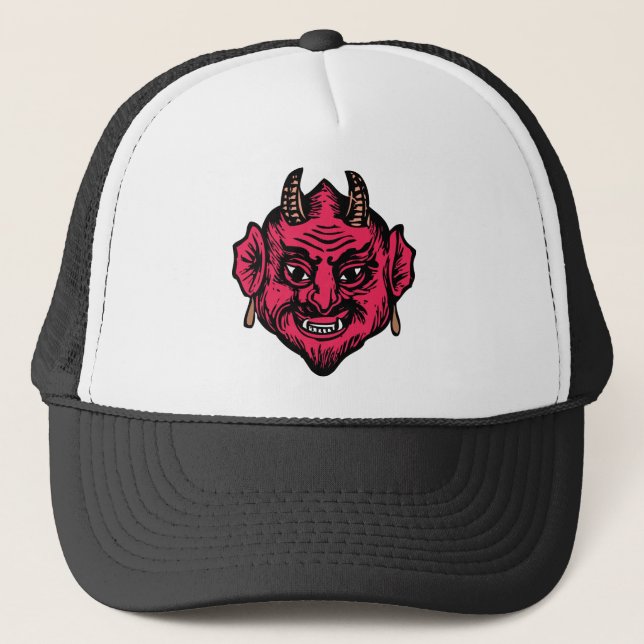 Little Devil Cartoon Head Face Horns Graphic Ympe Trucker Hat (Front)
