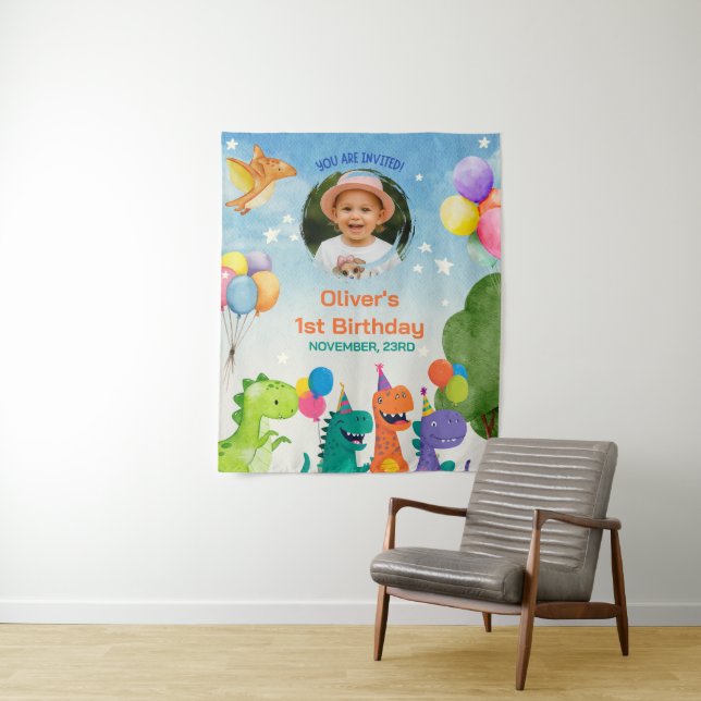 Little Dino 1st Birthday Tapestry (In Situ)