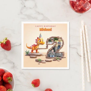 Little Dino Dragon   2nd Birthday Photo Big Number Napkin