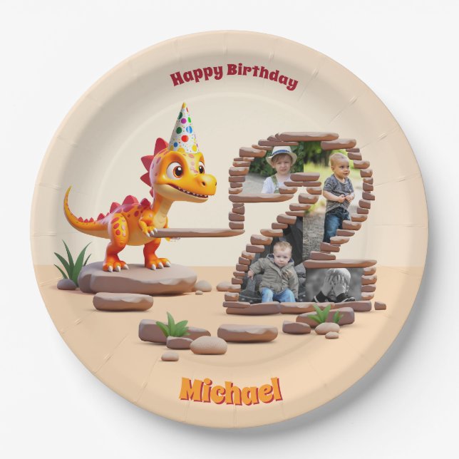 Little Dino Dragon | Photo Big Number 2nd Birthday Paper Plate (Front)