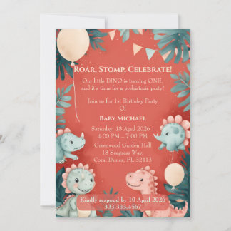 Little Dino Turning One Orange Watercolor Birthday Invitation