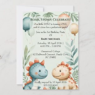 Little Dino Turning One Pastel Watercolor Birthday Invitation