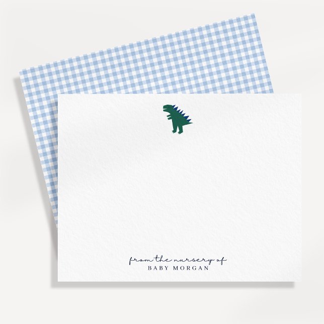 Little Dinosaur Blue Gingham Nursery Note Card (Creator Uploaded)