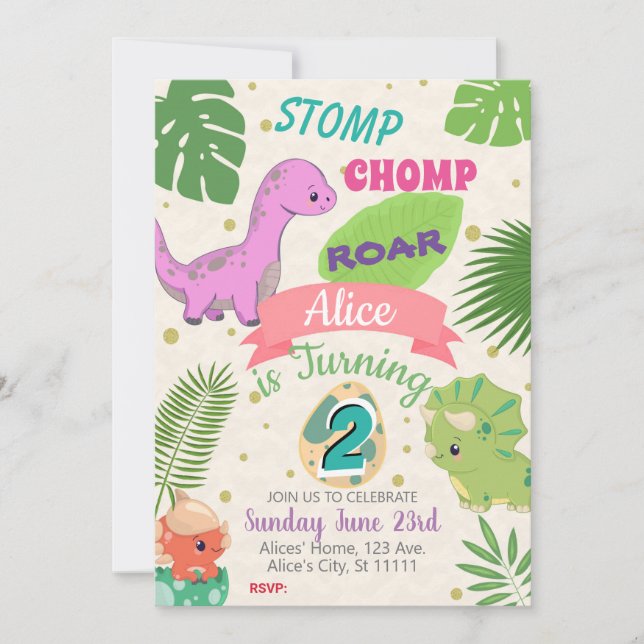 LITTLE DINOSAURS GIRL 2ND BIRTHDAY INVITATION (Front)