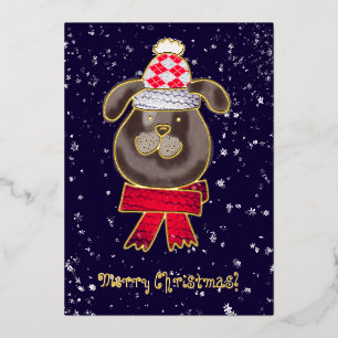 Little dog  wearing knitted cap and scarf